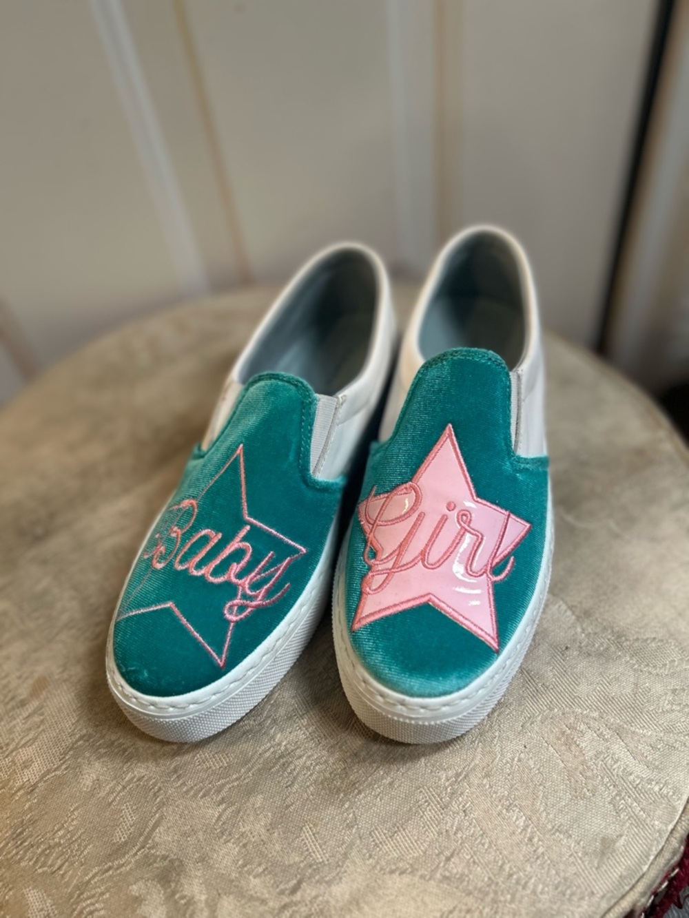 Chiara Ferragani Velvet/Leather Slip-on Baby Girl Teal Velvet Slip-On shoes 37